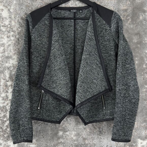 ANA Petites Size S Faux Leather Open Front Jacket Gray Long Sleeve Wool Outdoor - Picture 1 of 8